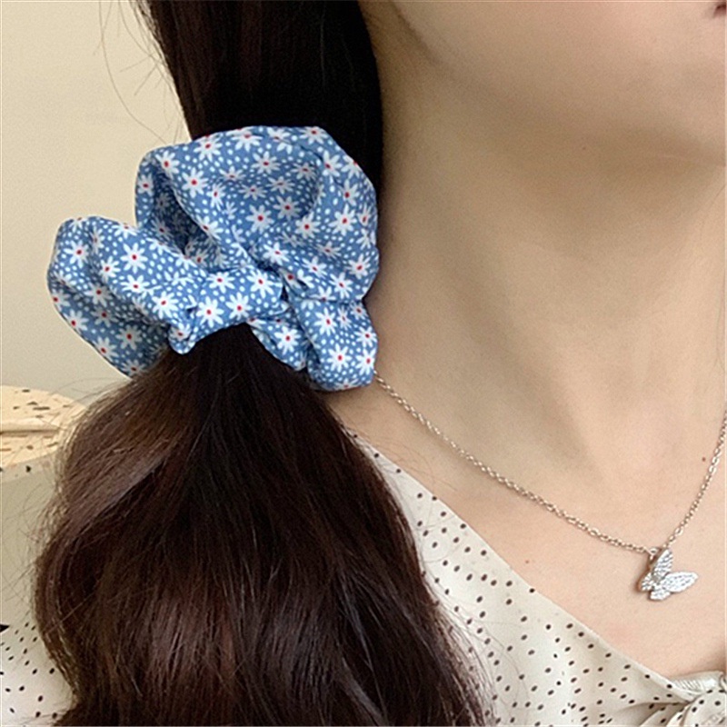 Dây buộc tóc co giãn họa tiết hoa màu xanh dương phong cách Hàn Quốc cho nữ