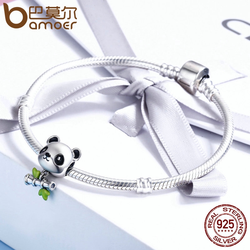 Hạt phụ kiện Bamoer hình gấu trúc bạc 925 cá tính dùng làm đồ trang sức tự làm