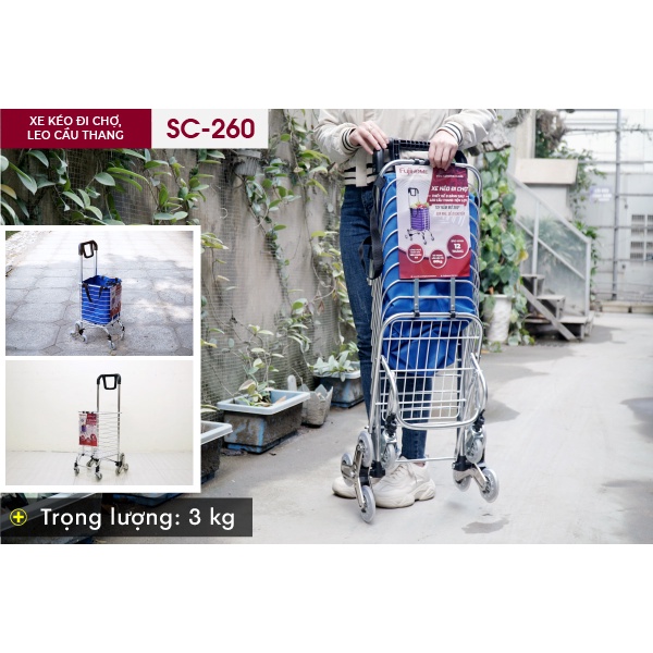 Xe kéo đi chợ leo cầu thang 8 bánh nhập khẩu FUJIHOME, xe đẩy hàng 2 - 4 bánh xếp gọn mini siêu thị, giỏ kéo có bánh xe