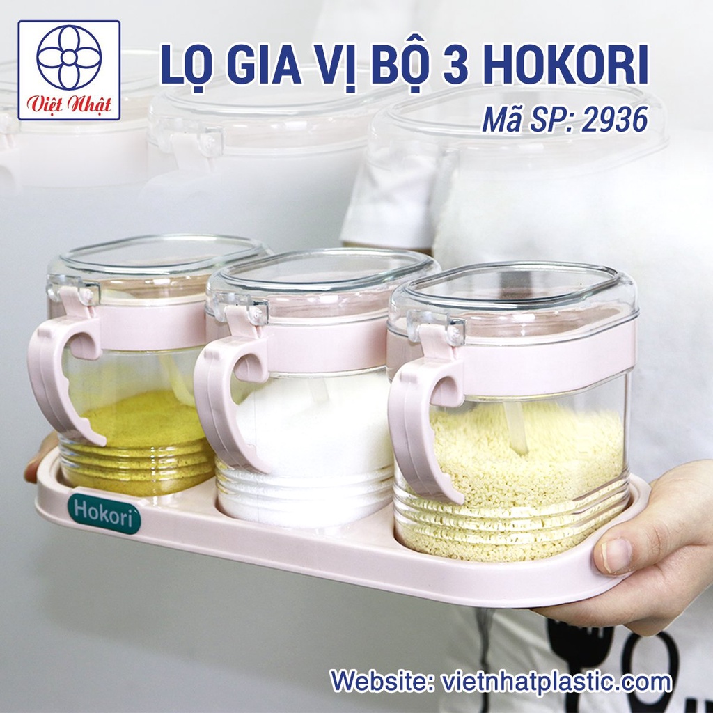 Bộ 3 Hũ Đựng Gia Vị HOKORI Nhựa Việt Nhật Cao Cấp, Hũ Đựng Gia Vị Đẹp Có Kèm Thìa Tiện Lợi 2936