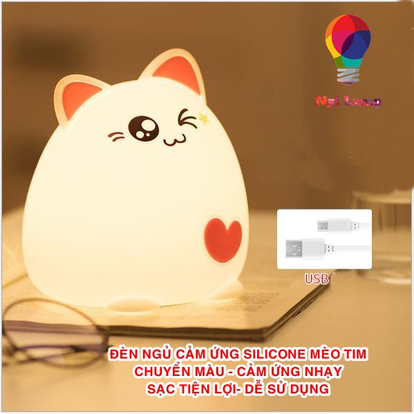 Đèn ngủ Silicone mèo tim cảm ứng, Sạc USB