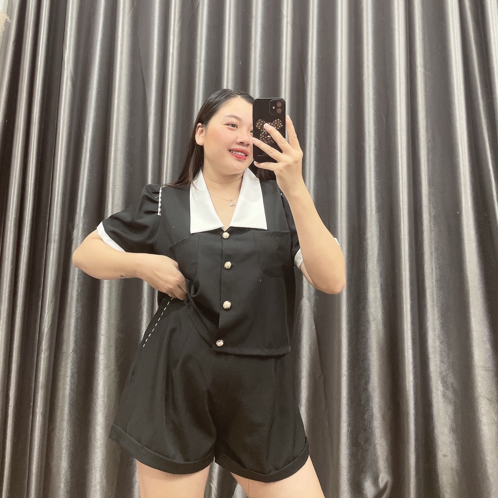 Set Bộ Nữ Bigsize Cộc Viền Trắng Quần Short Ống Rộng Cao Cấp,Set Áo Kiểu Size Lớn Tôn Dáng MÃ SET1