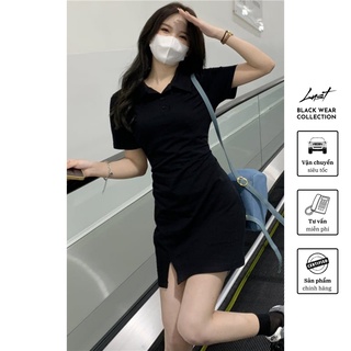 Váy polo nữ thời trang LUST màu đen có cổ thiết kế đẹp trơn cơ bản ôm body - M3