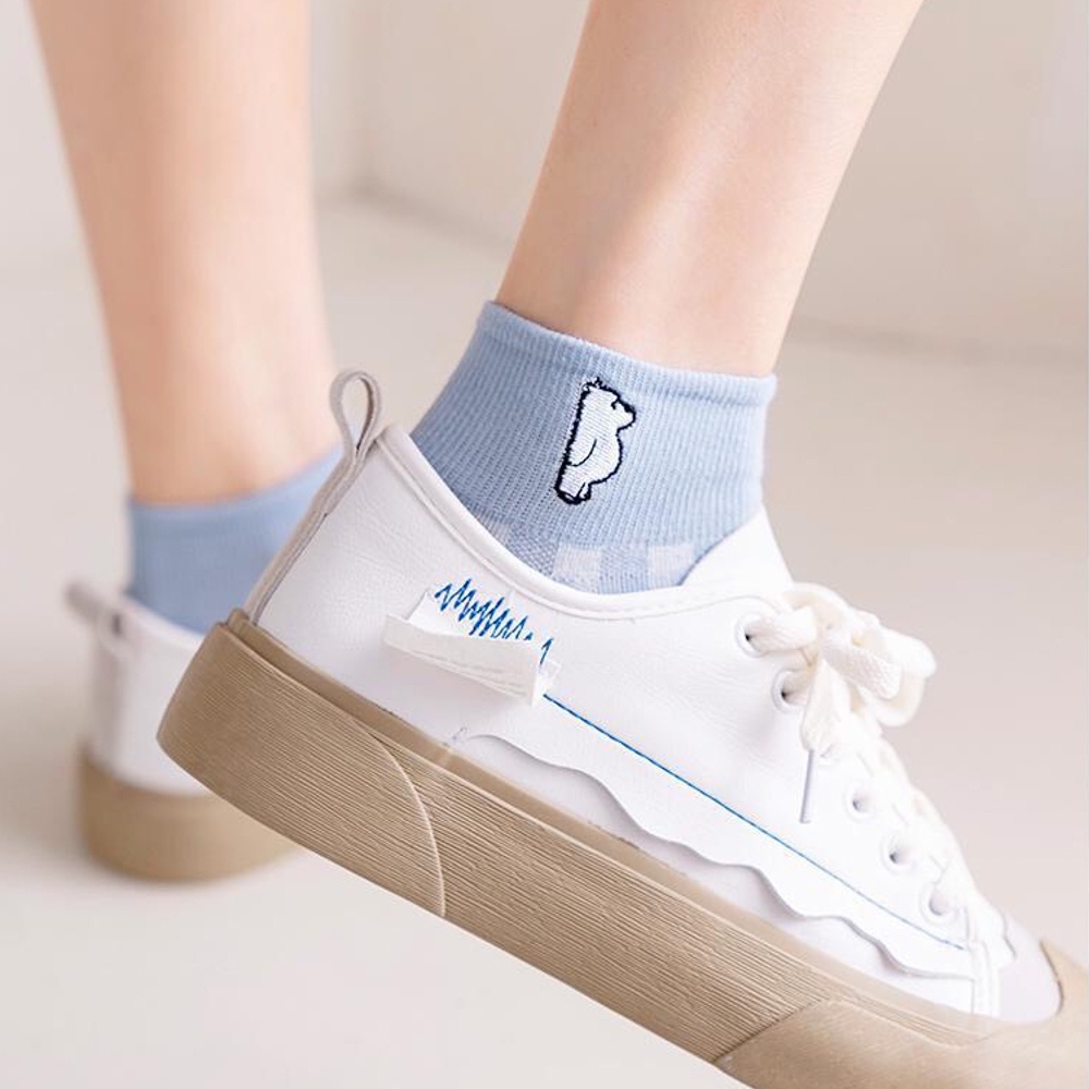 Tất nữ cổ ngắn vải cotton co giãn tốt chống hôi chân họa tiết dễ thương set 5 đôi màu trắng xanh - Ekiu Shop