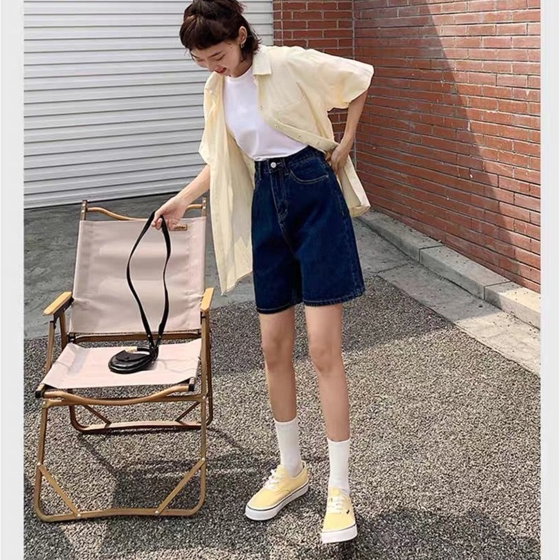 Quần short denim SUXI ống rộng lưng cao màu sắc đơn giản thời trang mùa hè cho nữ
