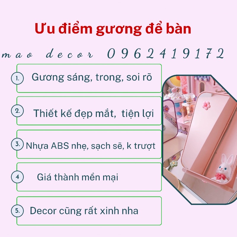 Gương Để Bàn Trang Điểm Size Lớn 15x10 – Phong Cách Hàn Quốc, Tiện Dụng, Xinh Xắn
