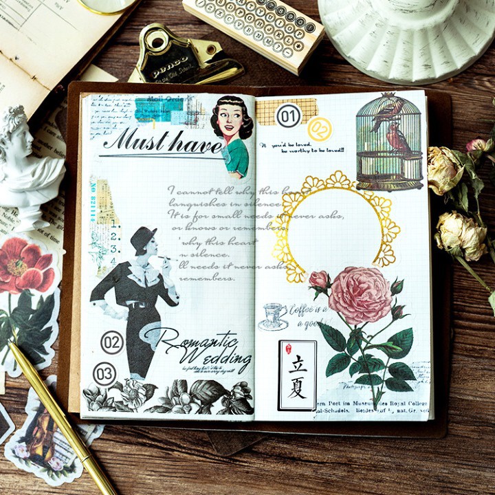 Sticker vintage hoa phong cảnh trang trí sổ cổ điển dán mũ bảo hiểm điện thoại quà tặng set 60 miếng dán HD210-K63