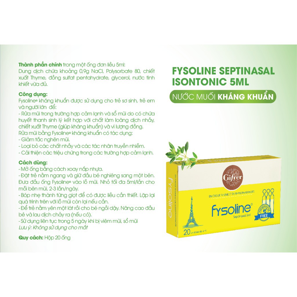 Ảnh Nước muối sinh lí FYSOLINE hỗ trợ kháng khuẩn, hỗ trợ viêm mũi, sổ mũi cho bé (Hộp vàng 20 ống x 5ml) 3