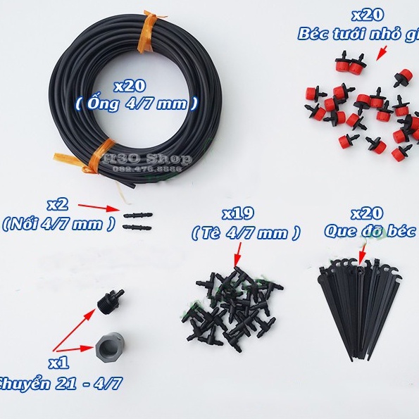 Bộ 20 Béc Tưới Nhỏ Giọt Điều Chỉnh Được Sử Dụng Ống LDPE 6mm-Bộ Tiết Kiệm Nối Xám