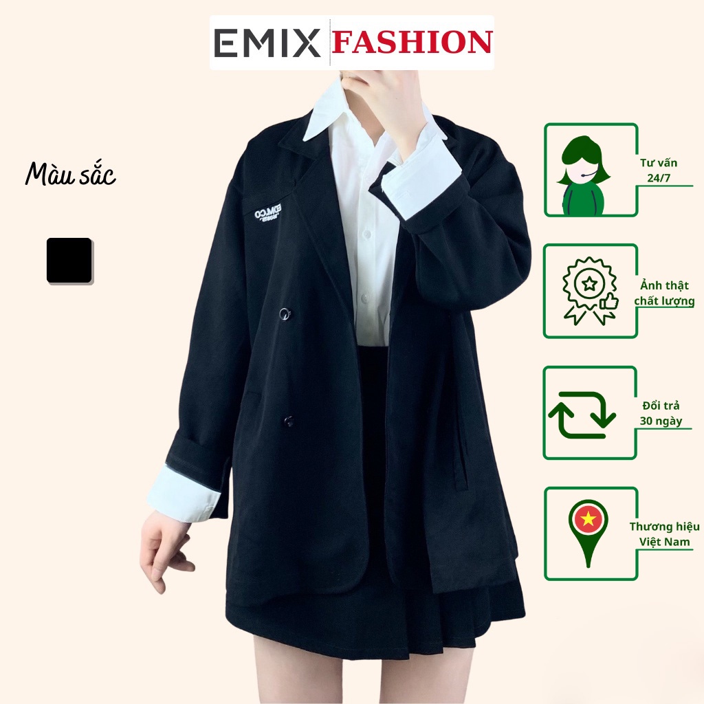 Áo khoác blazer công sở EMIX (màu đen), dáng dài, trendy, cổ vest, dài tay, form rộng, freesize, vải 1 lớp KHÔNG LỘ 5574