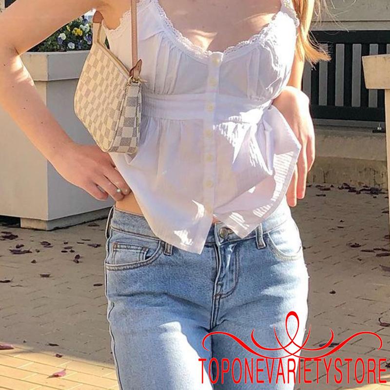 Topone-nữ Mùa Hè Áo hai dây Kẻ Sọc Chắc Chắn Không Tay Cổ Chữ V Sâu Ruffle Hem Sling Vest