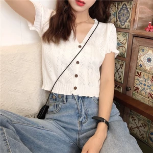 Áo dệt kim SUXI dành cho nữ cổ chữ V ngắn tay kiểu Hàn Quốc