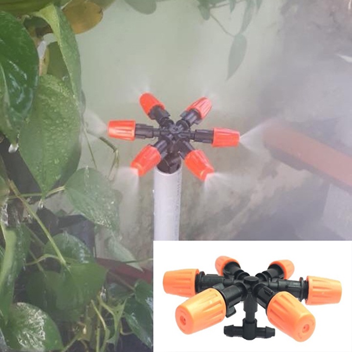 Béc tưới phun sương 6 hướng kèm tê chân nối ren ngoài 21mm, (tùy chọn van chống nhỏ giọt)