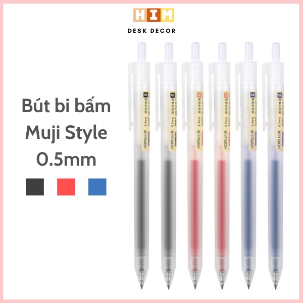 Bút Bi Mực Gel Muji Thân Mờ Ngòi 0.5mm 3 Màu Xanh Đen Đỏ Viết Trơn Ra Đều Bấm Nút