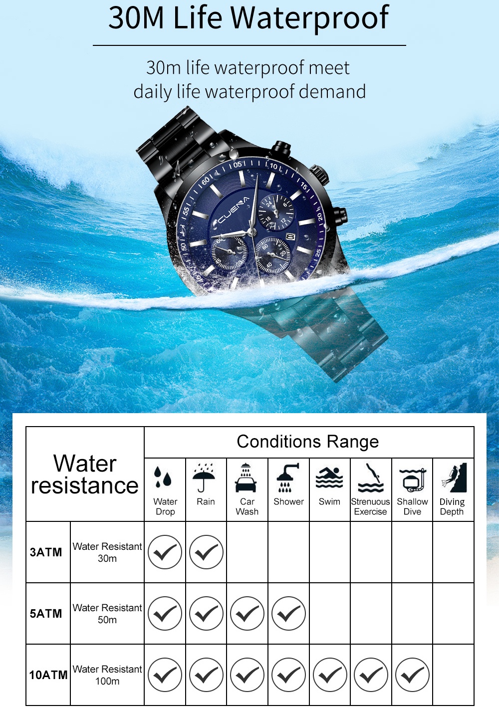 Mô tả Đồng hồ CRRJU 881S bằng thép không gỉ không thấm nước thời trang thể thao thông thường cho nam - 9