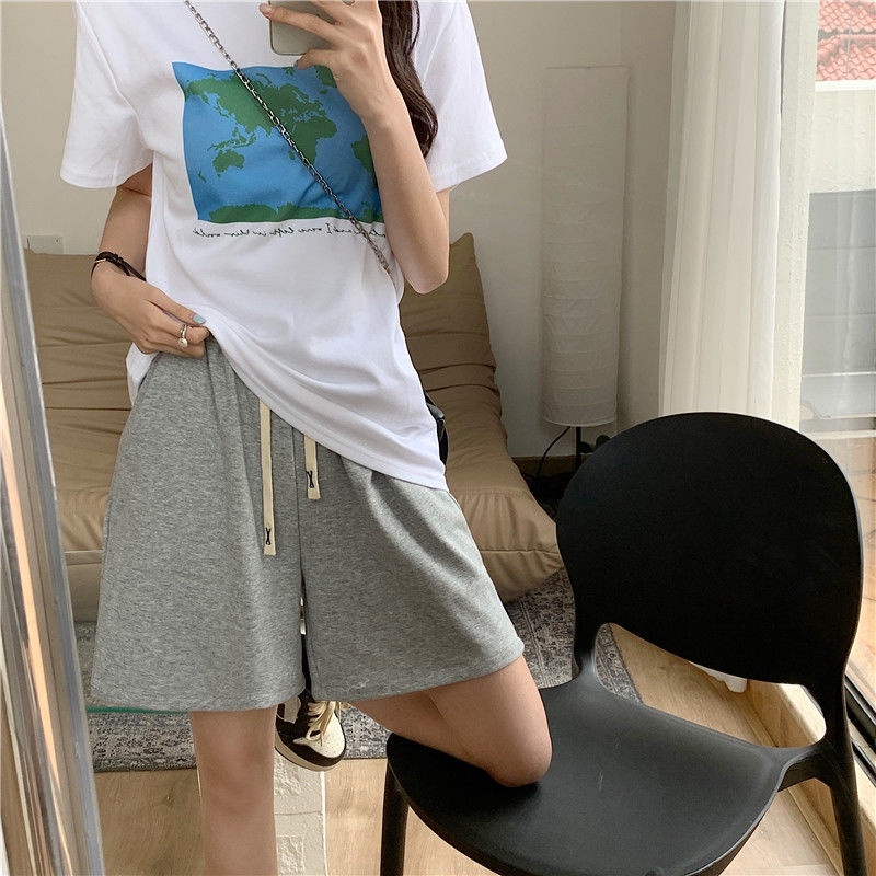Quần Short Mùa Hè Mới Cao Cấp Màu Xám Chữ A Rời Chân Rộng Giải Trí Thể Thao Quần Short Thẳng