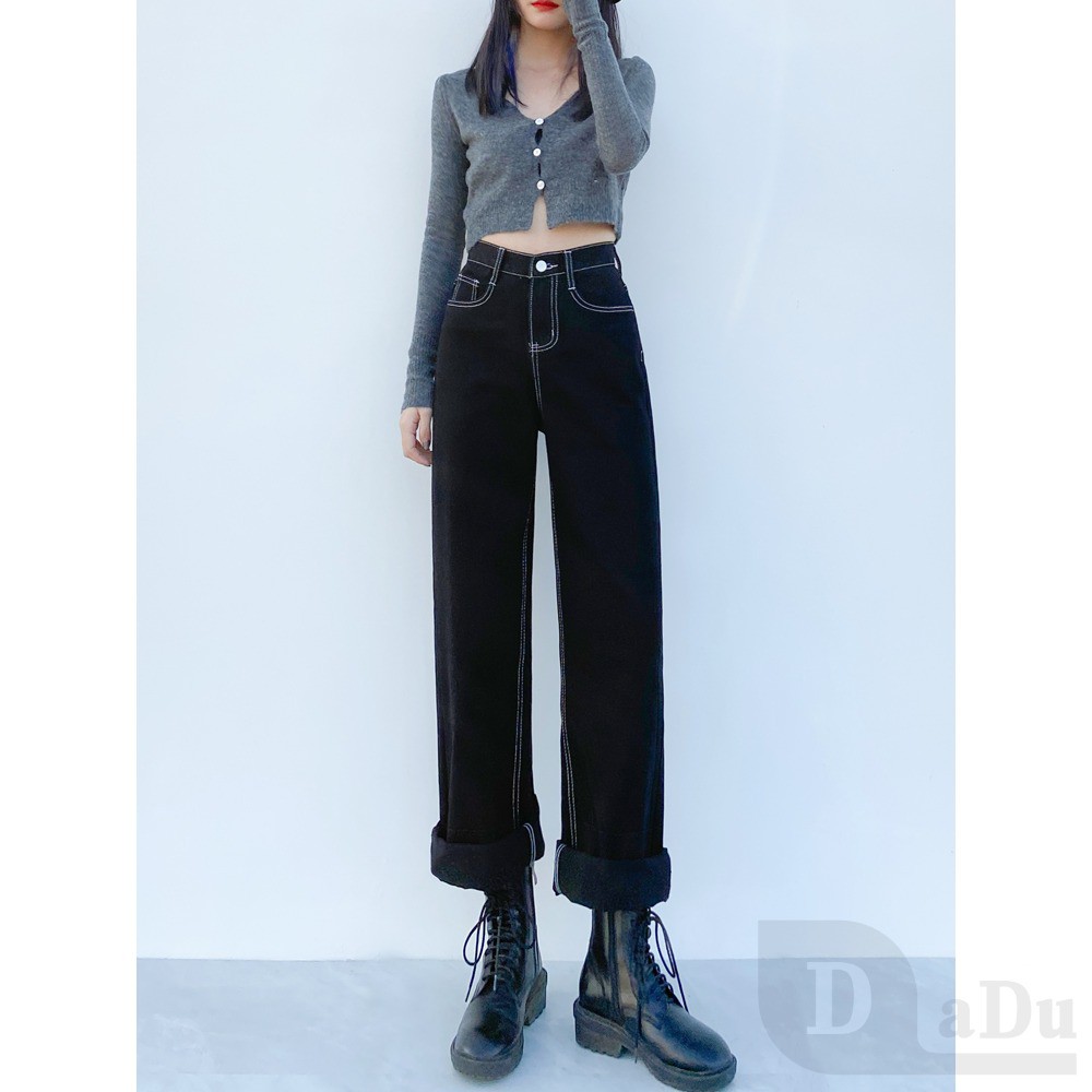 Ảnh Dadu XS ~ 5XL Ống Rộng Thẳng Quần Jean Đen Thời Trang Palazzo Sàn Quần Denim Nhật Bản Quần Eo Cao Plus Size Quần 3