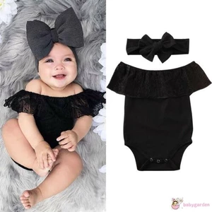 Sơ Sinh Bé Gái Tay Ngắn Ren Thường Ngày Màu Nguyên Chất Áo Liền Quần + Băng Đô