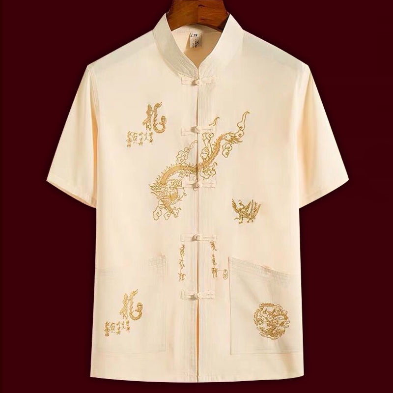 Áo thun tay ngắn thêu họa tiết rồng phong cách Trung Hoa cho nam