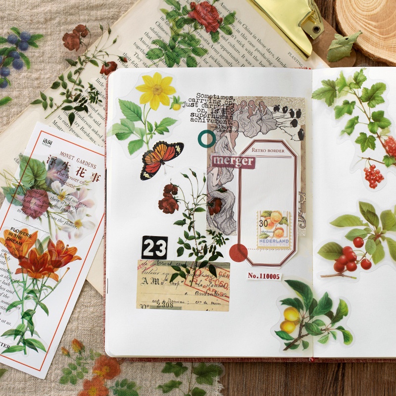 Sticker vintage trang trí hình hoa lá retro trong suốt chống nước HD165-K63 DIY sổ tay bullet journal scrapbook album