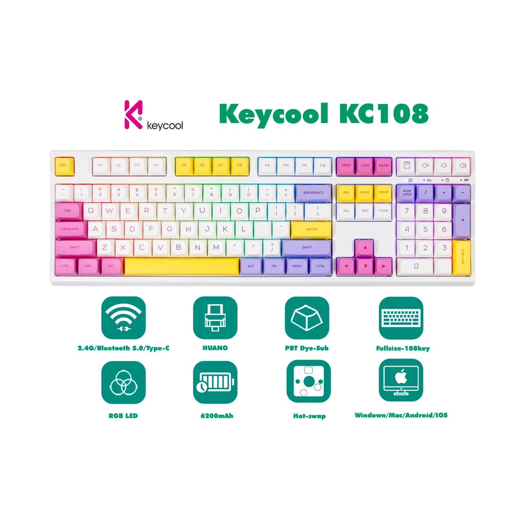 Bàn phím Keycool KC108 Three-mode Bluetooth 5.0/ 2.4G/ Type-C - Chính ...