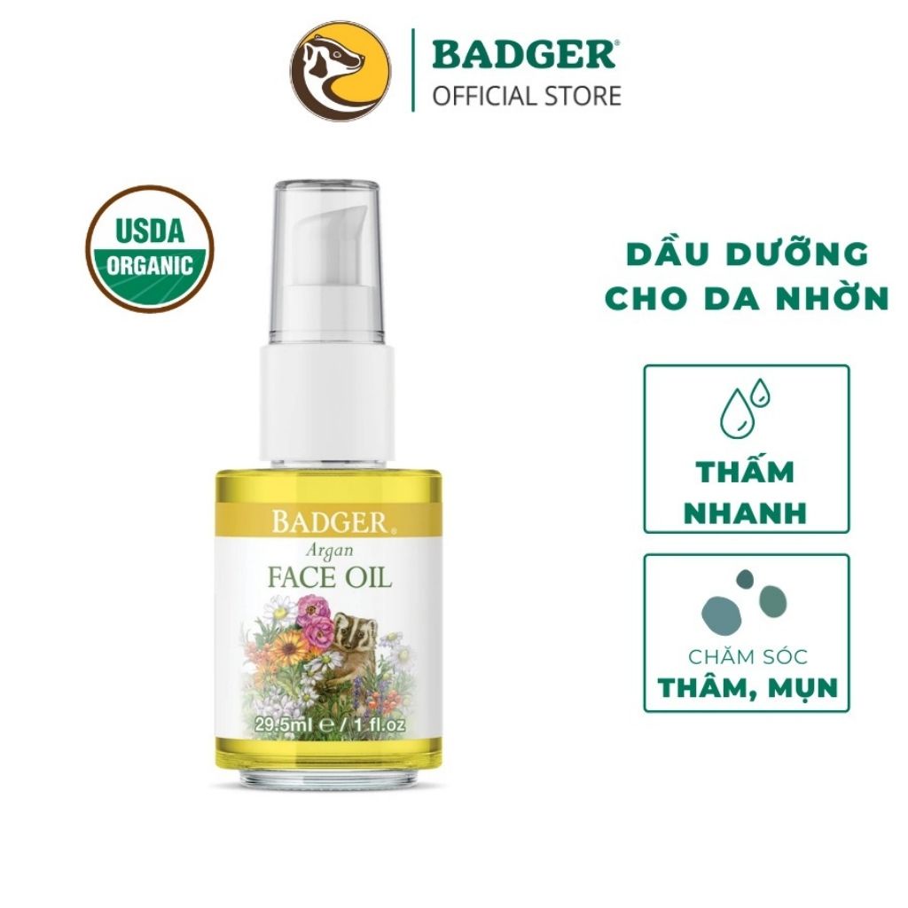 Mô tả Dầu dưỡng da hữu cơ cho da nhờn mụn và hỗn hợp BADGER Argan organic face oil serum - 29.5ML - 1