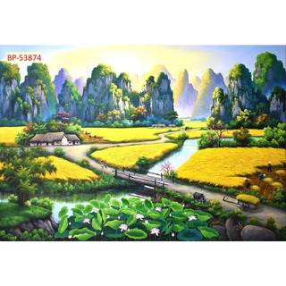 Tranh vải lụa in giả Sơn Dầu Dán tường 3D Phong Cảnh Làng Quê mẫu mới tặng keo và dụng cụ
