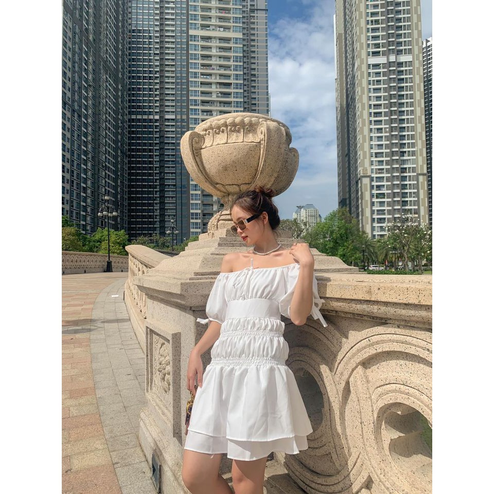 ĐẦM BO CHUN EO 2 MÀU TRẮNG TÍM - ICE DRESS