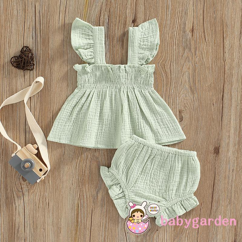 Set Áo Tay Bèo Cổ Vuông + Quần Short Màu Trơn Thời Trang Mùa Hè Cho Bé Gái 0-3 Tuổi