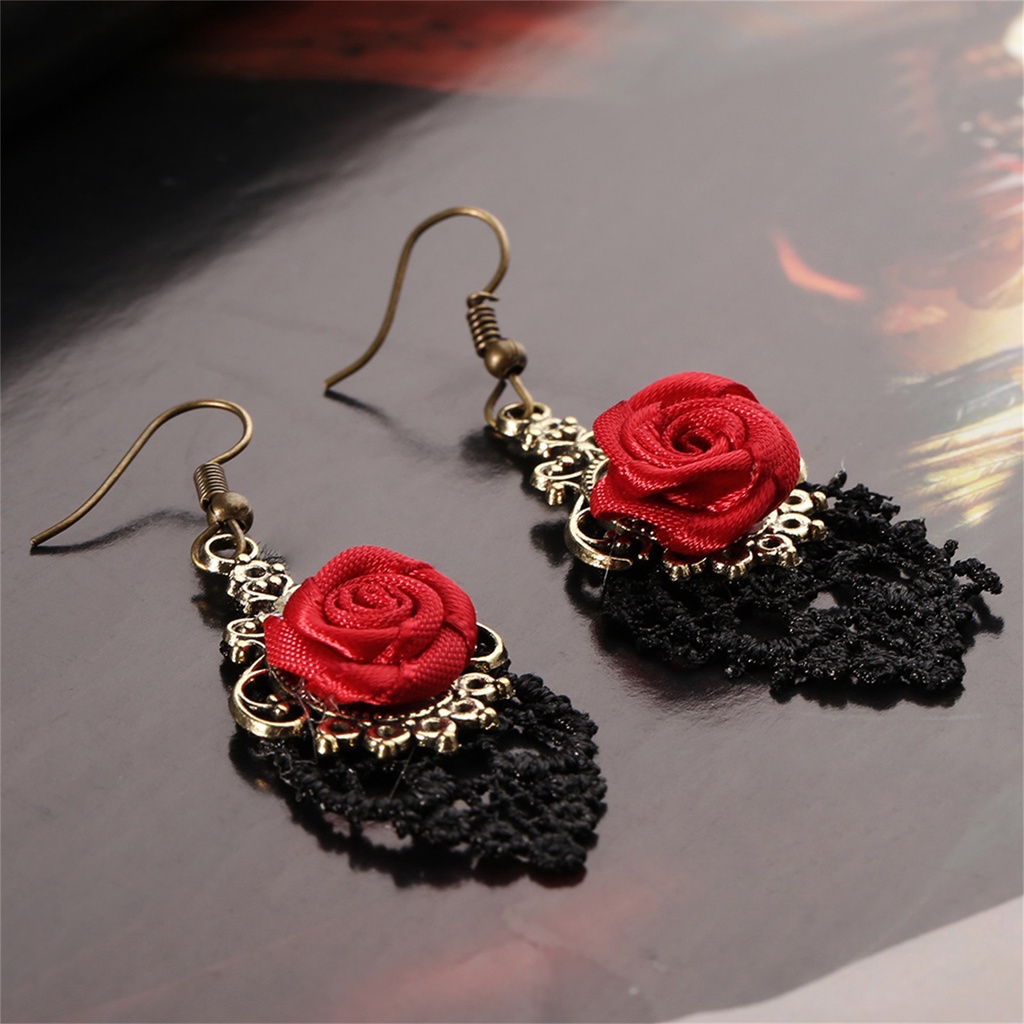 Đôi bông tai ren đen đính hoa hồng đỏ phong cách vintage thời trang dành cho nữ