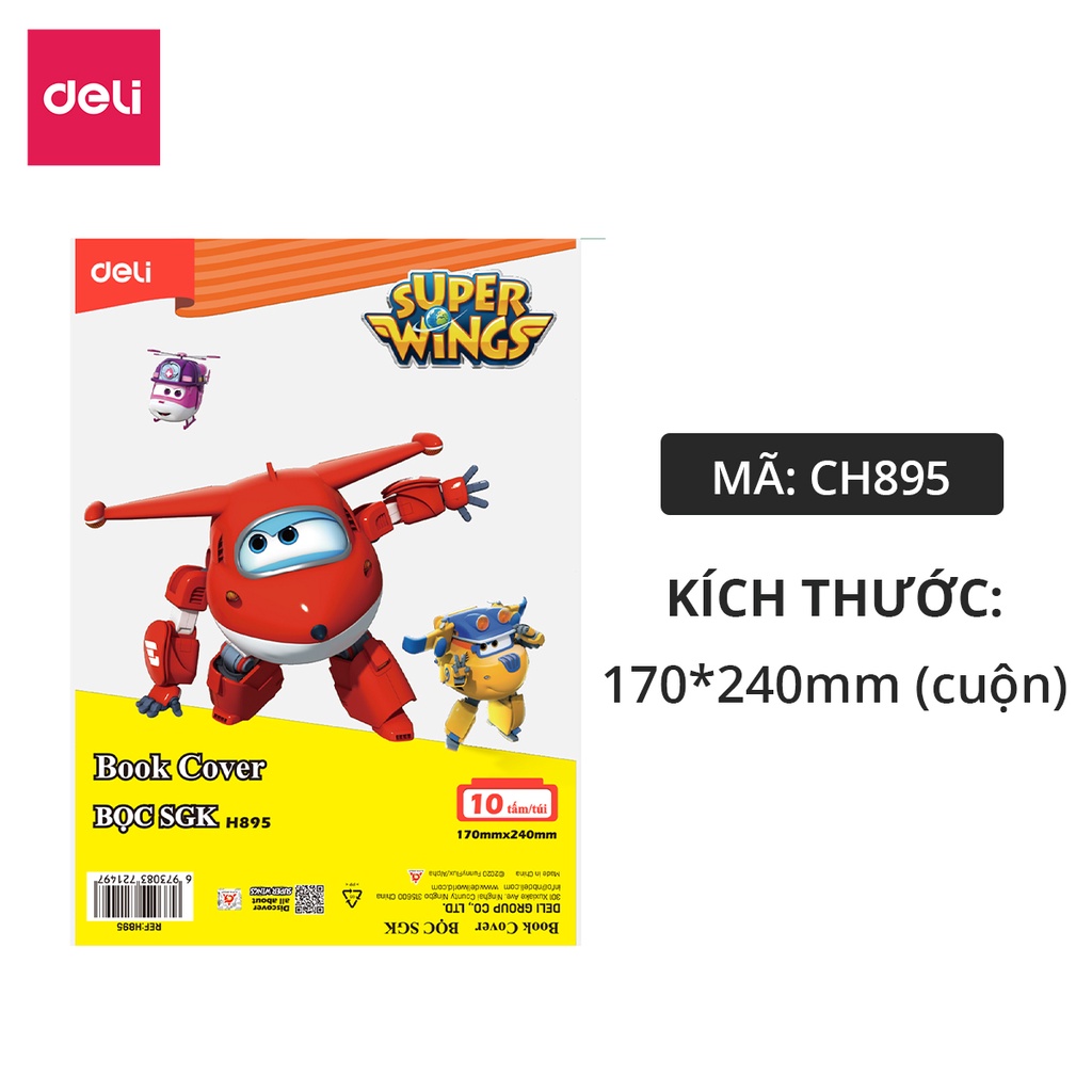 Bọc Sách Vở SGK Book Cover Super Wings Deli - Set 10 chiếc - Chống nước, chống rách, màu trong suốt dành cho Học sinh
