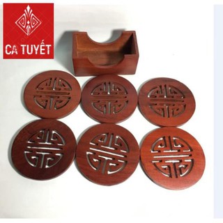BỘ LÓT LY GỖ HƯƠNG ĐỎ 6 CHIẾC ĐỤC KHẮC CHỮ PHÚC - MẪU TRÒN (ẢNH THẬT 100%)