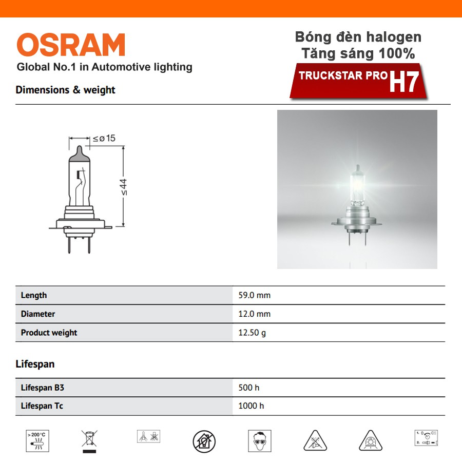 Combo 2 Bóng Đèn Halogen Tăng Sáng 100% OSRAM Truckstar Pro H7 24V 70W