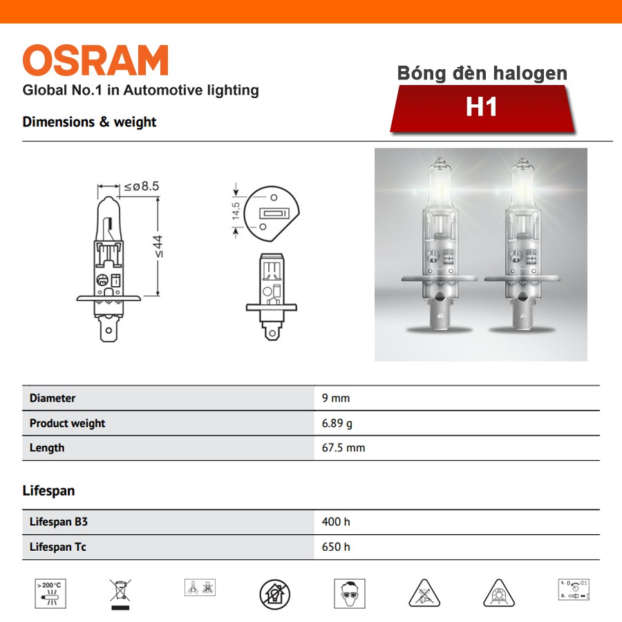 Bóng Đèn Halogen OSRAM Original Dùng Cho Xe Oto Chân H1 64150-01B 12V 55W - 3200K 1550LM