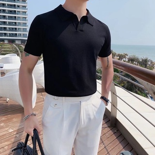 Hàn Quốc Nam Hàn Quốc Nhẹ Sang Trọng Cổ Chữ V Dệt Kim Ngắn Tay Áo Thể Thao Màu Trơn Thời Trang Ve Áo Cổ Lụa Nửa @