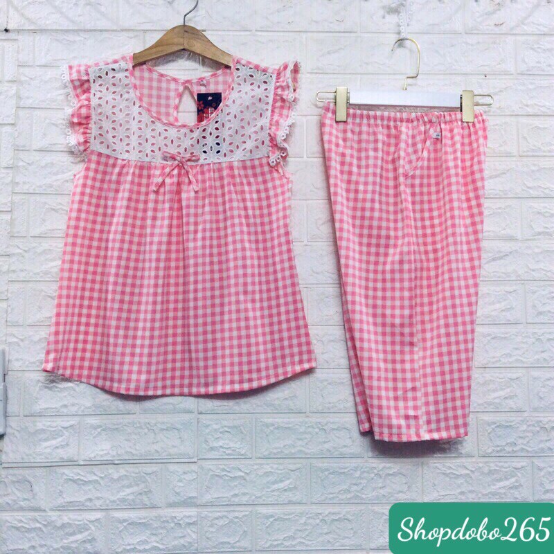 Đồ bộ nữ,đồ ngủ mặc nhà lửng vải lụa họa tiết caro phối ren siêu cưng size 45-65kg