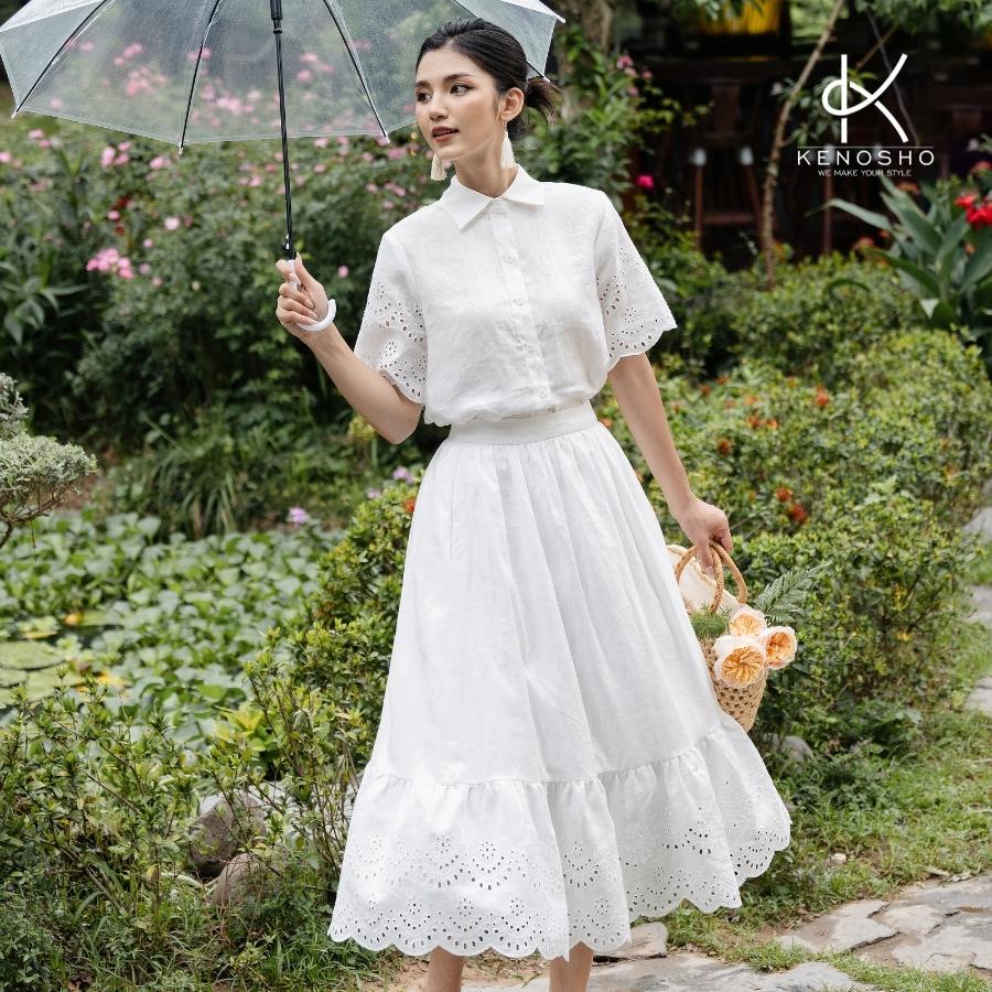 K204 Áo linen thêu ren sóng, cổ tàu | Shopee Việt Nam