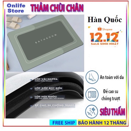 Thảm lau chân nhà tắm ✨Hàn Quốc✨ chống trượt, chùi chân thấm nước cho nhà tắm đế silicon