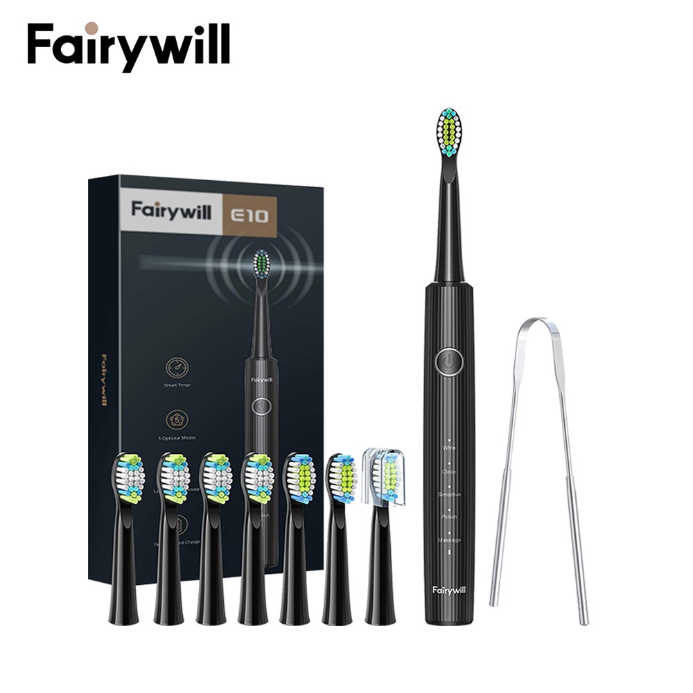 Bàn chải đánh răng điện Fairywill E10 và dụng cụ cạo lưỡi với 8 đầu bàn chải tiện lợi dễ sử dụng