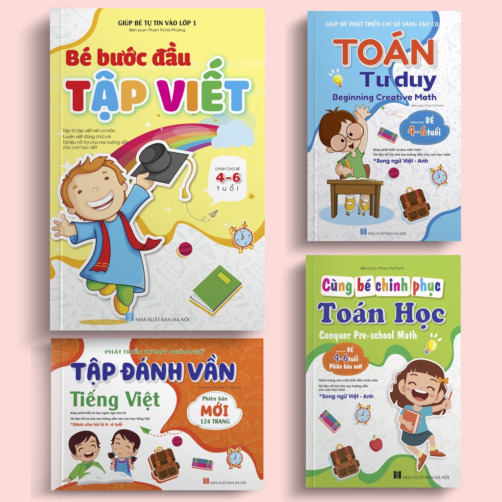 Sách - Combo 4 cuốn: Tập đánh vần Tiếng Việt - Bé bước đầu tập viết - Toán Tư duy - Cùng bé chinh phục toán học