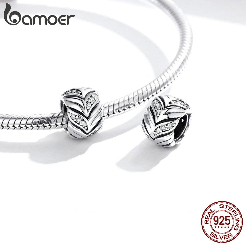Hạt Xỏ Vòng Tay Bamoer SCC1614 Bằng Bạc 925 Thật Họa Tiết Lúa Mì Đính Đá CZ Dùng Tự Làm Trang Sức Cho Nữ