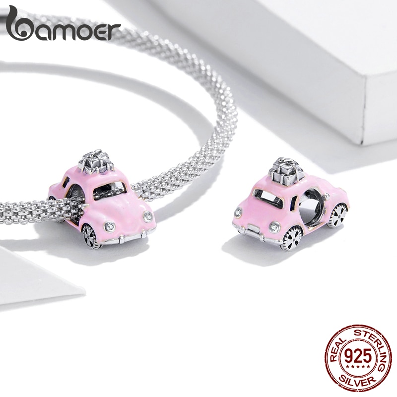 Hạt Xỏ Vòng Tay Bamoer SCC1738 Bằng Bạc Thật 925 Hình Xe Hơi Màu Hồng Để Làm Trang Sức DIY Cho Nữ