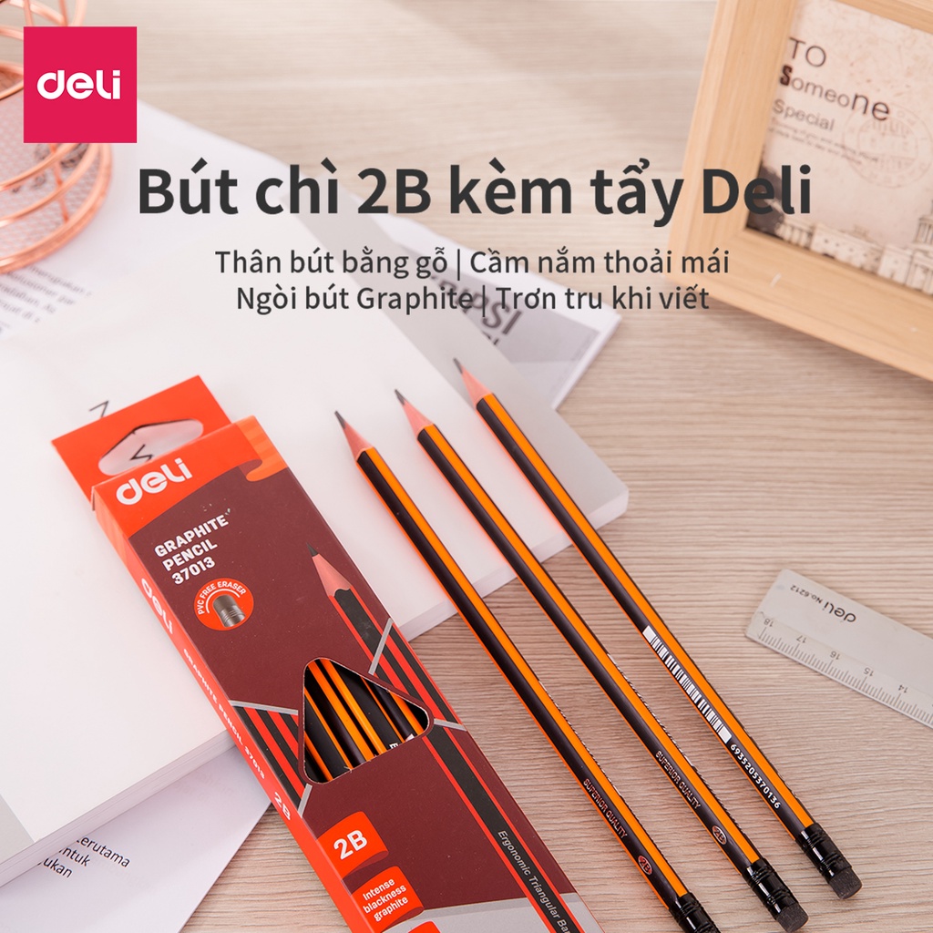Bút Chì 2B Kèm Đầu Tẩy Deli Sọc Cam - Chì Đen Đậm, Dễ Tẩy Cho Học Sinh Dân Văn Phòng Ghi Chép Takenote Tập Viết Vẽ Tranh