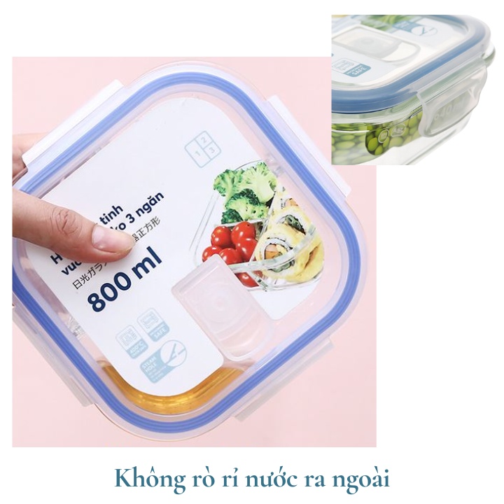 Ảnh Hộp thủy tinh chữ nhật 2 ngăn 1520 ml, đựng thức ăn văn phòng, sử dụng được trong lò vi sóng. Hộp thủy tinh đựng cơm 3