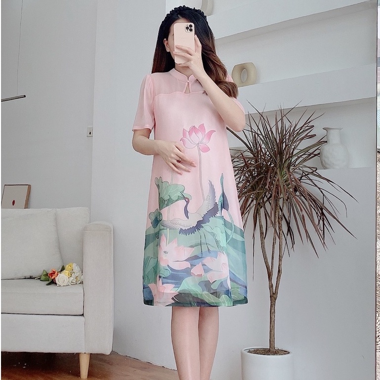 MEDYLA – Váy bầu thiết kế cách tân 2 lớp tơ lót lụa cao cấp cho mẹ bầu diện tết – SP918