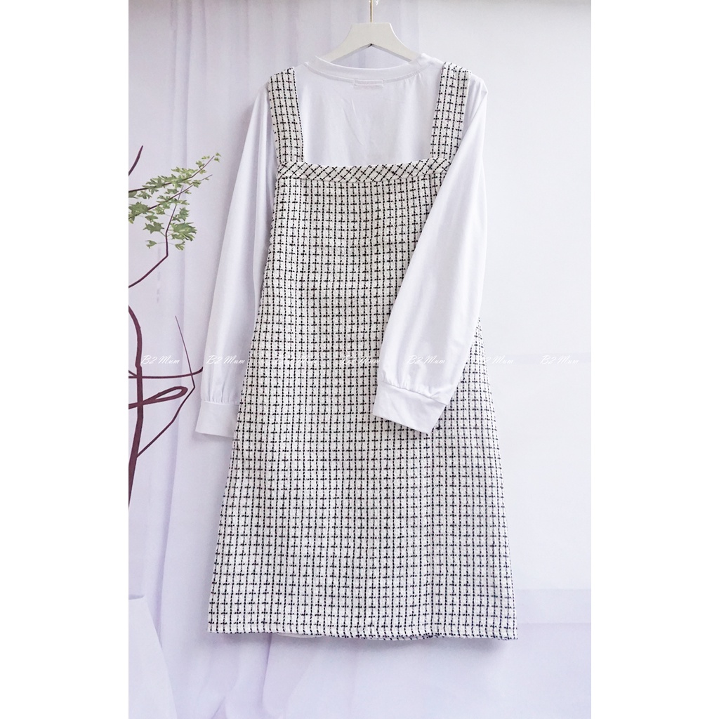 Set Váy bầu chất dạ mềm mại thoải mái họa tiết text kẻ sang trọng dành cho các mẹ bầu mặc đi tiệc, dạo phố B2 MUM