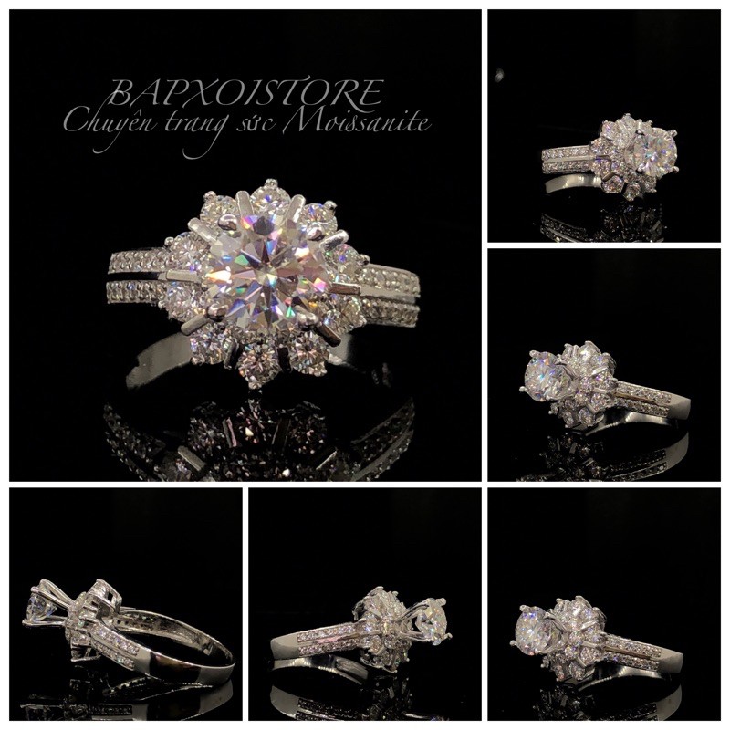 Nhẫn Moissanite bằng bạc 950 xi bạch kim (chủ 6mm và 6,5mm moissanite trắng nước D kiểm định, tấm moissanite)