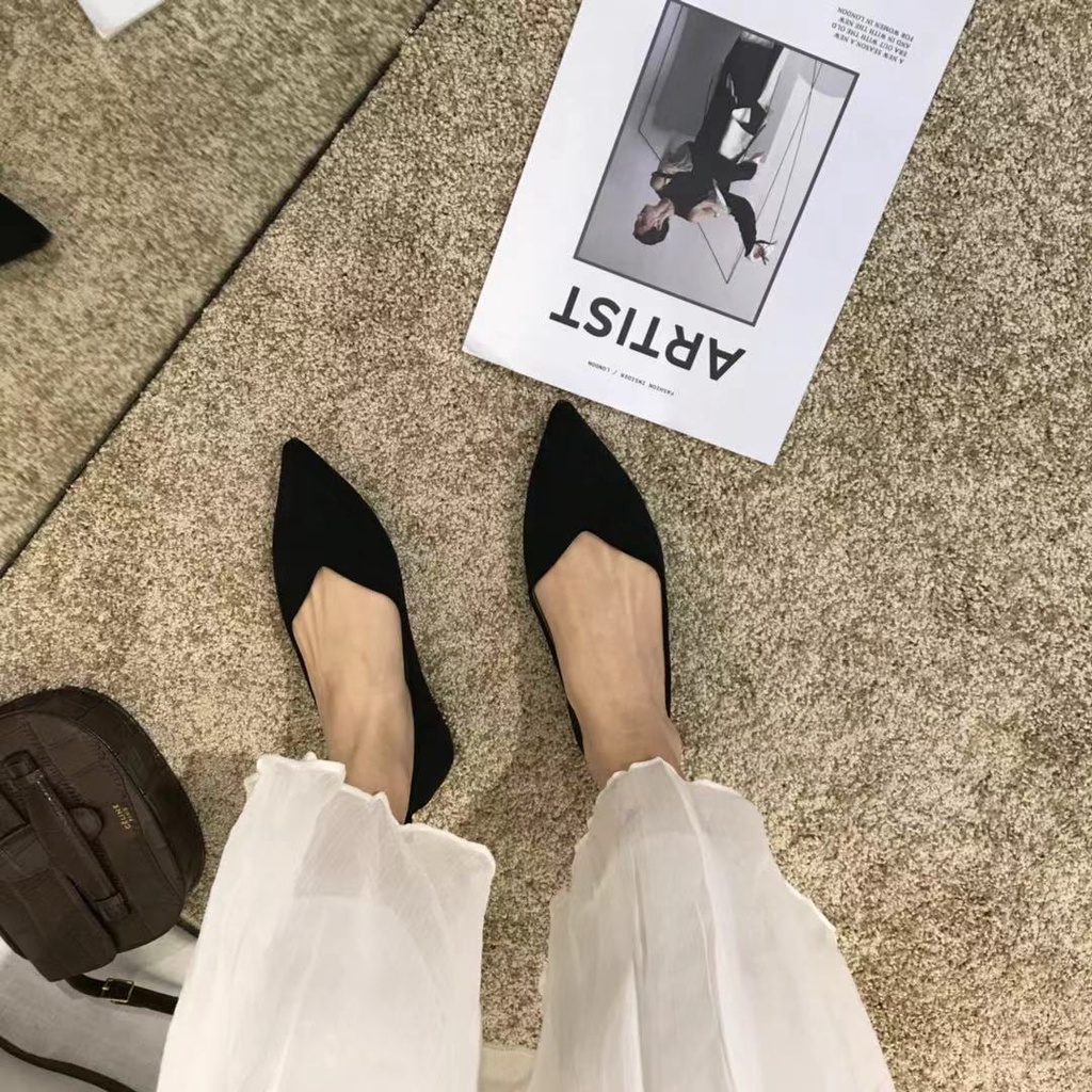 Giày Nữ Size Lớn (31-46) Giày Đơn Màu Đen Nữ Mũi Nhọn Đế Bằng Tất Cả Trận Đấu Đế Mềm Thoải Mái Giày Công Sở Mùa Hè Size Lớn Giày Nữ Túi Giày Over-Foot Giày Nữ Thường Ngày Nữ