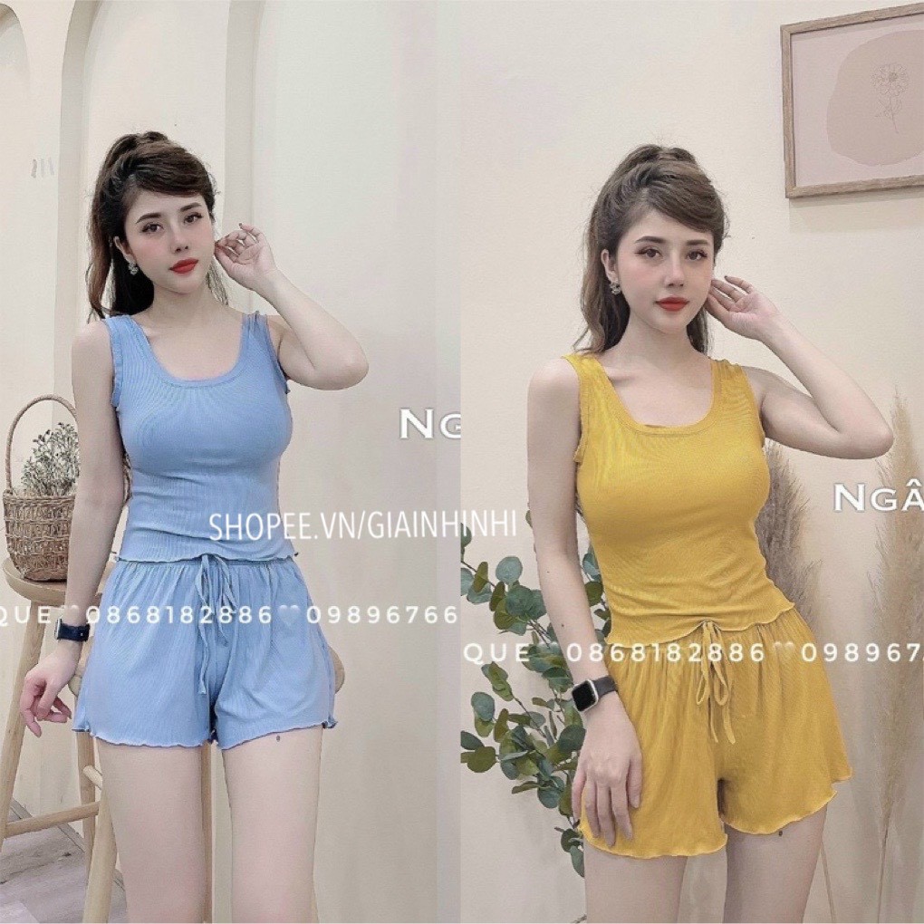 Bộ ngủ ba lỗ viền bèo thun tăm, Sét đồ ngủ sexxy co giãn chất mát lạnh BN0086 - NhiNhi Shop