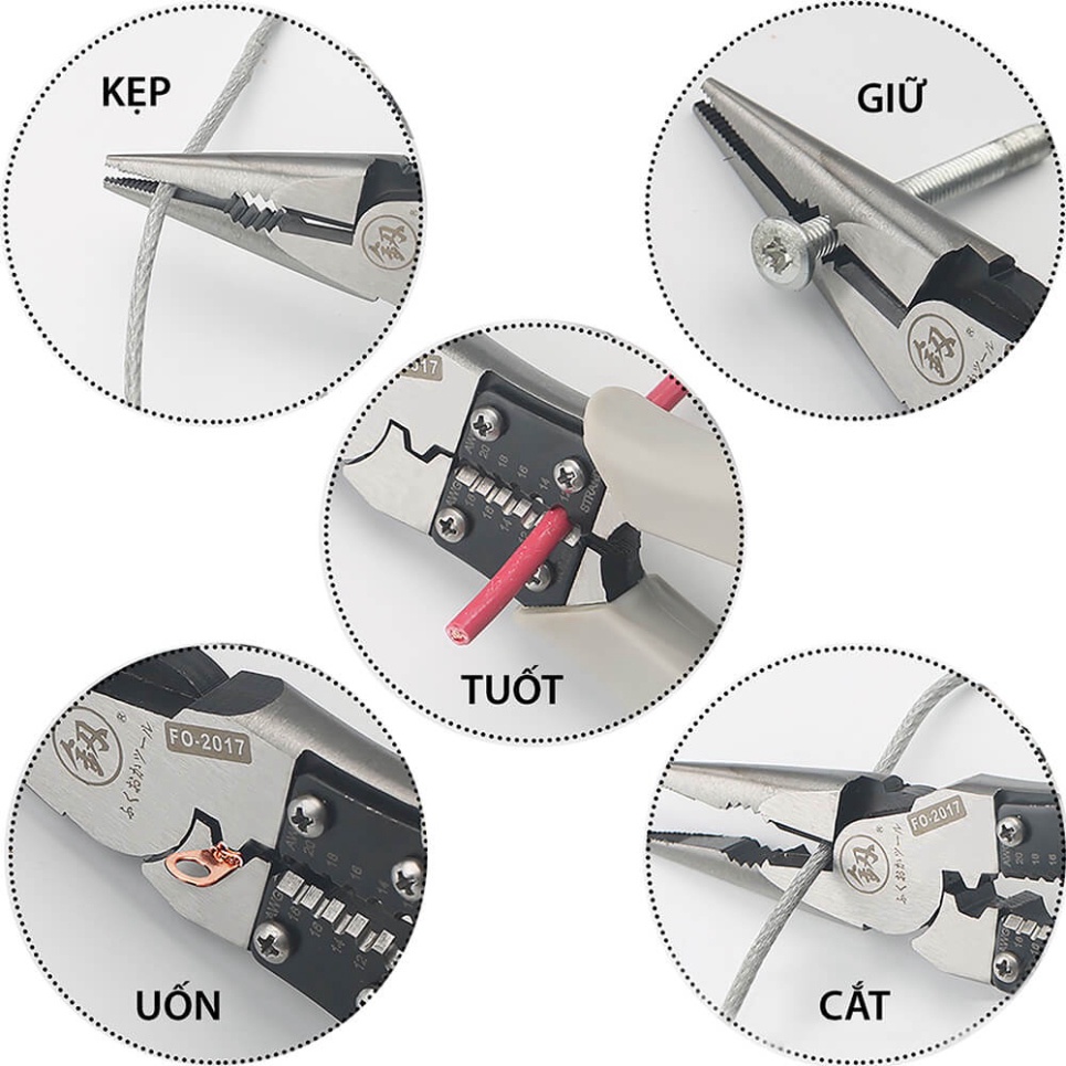 Kìm Nhọn Kìm Bằng Kềm Đa Năng Nhật Bản 5 trong 1 FUKOUKA Kẹp-Cắt-Uốn-Cuộn-Tuốt dây Dụng Cụ Điện Nước